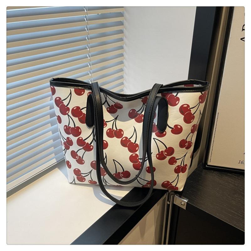 Cherry print tote bag versatile large capacity new commuter fashion high sense messenger shoulder bag handbag