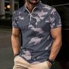 Women Short Sleeve Polo Shirt Gray Tone Camouflage Print Half Zip Lapel Top