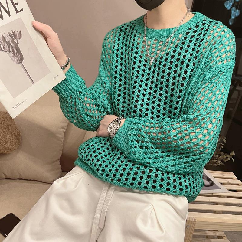 Men's Summer Knitwear: Trendy Long Sleeve Fishnet Cardigan for Sun Protection