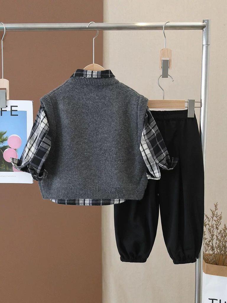 Boys' Trendy Fall 2025 Sweater Vest Outfit - Handsome 3-Piece Set for Spring & Autumn