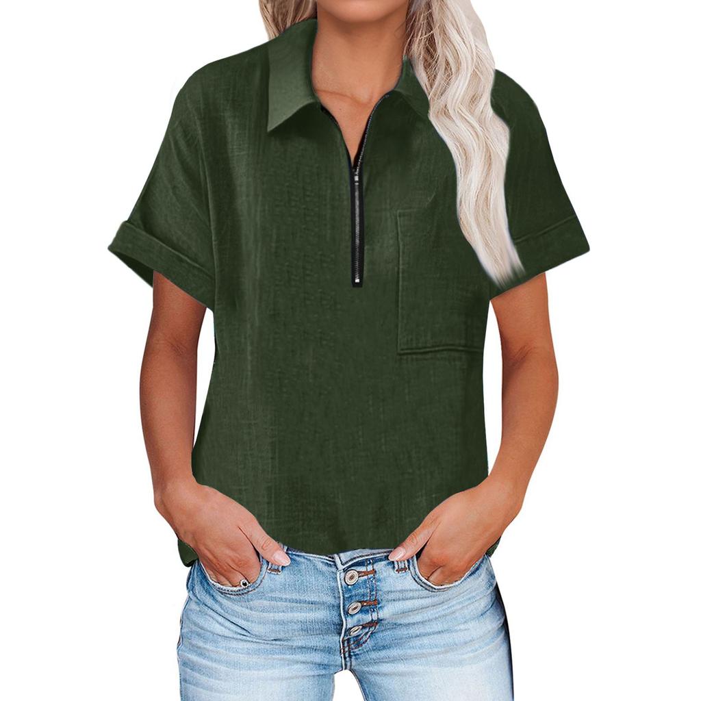 Women Summer Top Short Sleeve Fit Shirt  Fashion Casual Clothes Shirt Half Zipper Short-sleeved Top