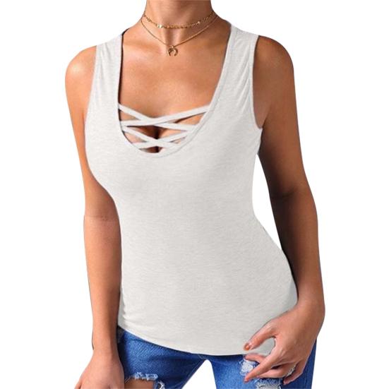 Plus Size Summer Solid Color Women Cross Strap Round Neck Tank Top Slim Fit Vest