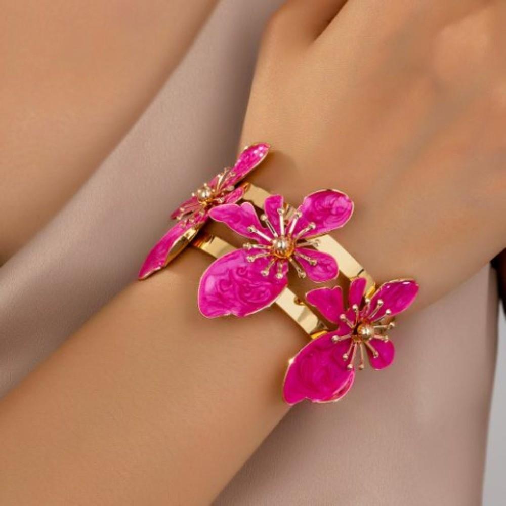 Exaggerated Open Cuff Bracelet Pink White Blue Open Arm Ring Elegant Enamel Flower Bracelet  Women