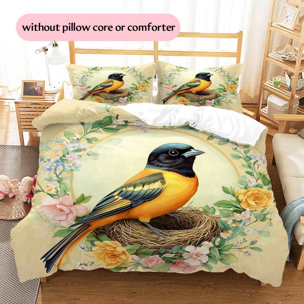 Bird's Nest with Flower Wreath  Pattern Bedding Quilt Set  Home Decoration  Gift (1 * duvet cover + 2 * pillowcase, without core)