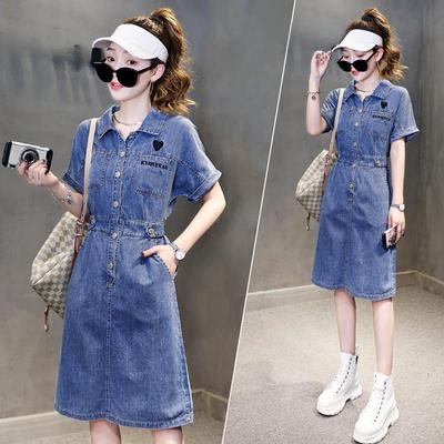 Trendiges Denimkleid für Damen Sommer Casual Bodycon Taillengürtel Midi Kurzarm Slim Kleid