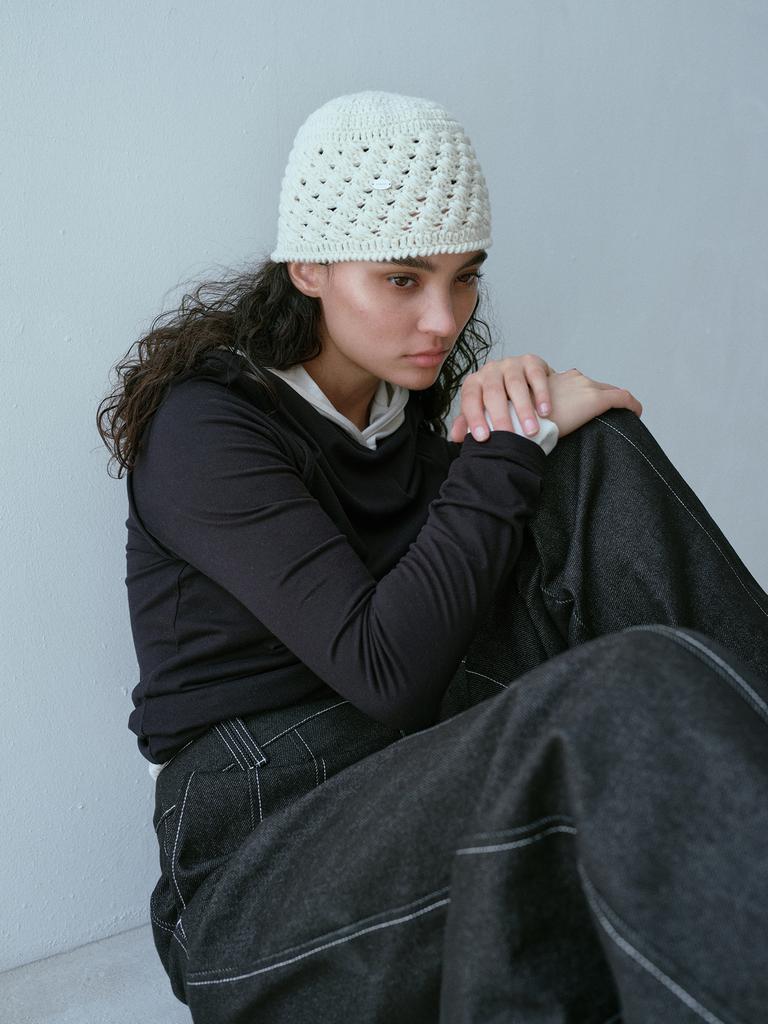 KOBKINO Handmade Crochet Beanie (Ivory,Black)