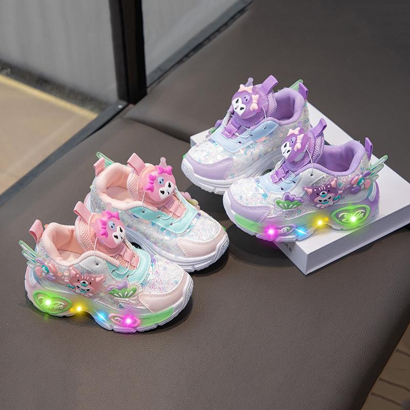 Girl Cartoon Rotating Button Sneakers - New Style with Soft Sole and Illuminated Shoes