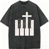 Christian Cross Piano Print TShirt Men Women Vintage Washed Casual Streetwear Loose Oversized Cotton Tee