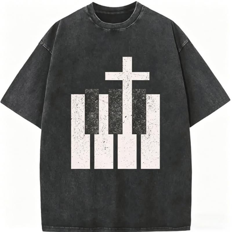 Christian Cross Piano Print TShirt Men Women Vintage Washed Casual Streetwear Loose Oversized Cotton Tee