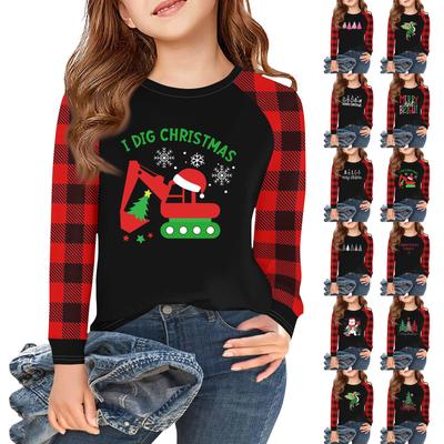 Mädchen Langarm Weihnachts-T-Shirts Kinder Herbst Oberteile Rundhals Basic T-Shirts 5-14J