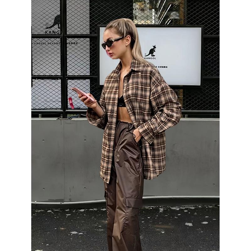 Podzimní Ležérní Kostkovaná Košile Žena Volná Zimní Klopa Knoflíky Dámský Kabát Dlouhý Rukáv Pohodlné Vintage Khaki Topy Dámské Streetwear
