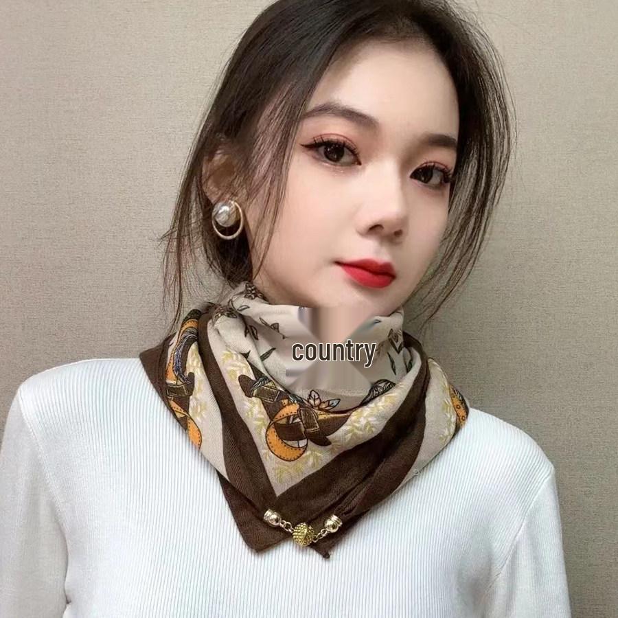 Women's Silk Magnetic Buckle Scarf: Versatile Square Scarf, Cotton Linen Neck Protector, All-Match Triangle Pendant Scarf Necklace.