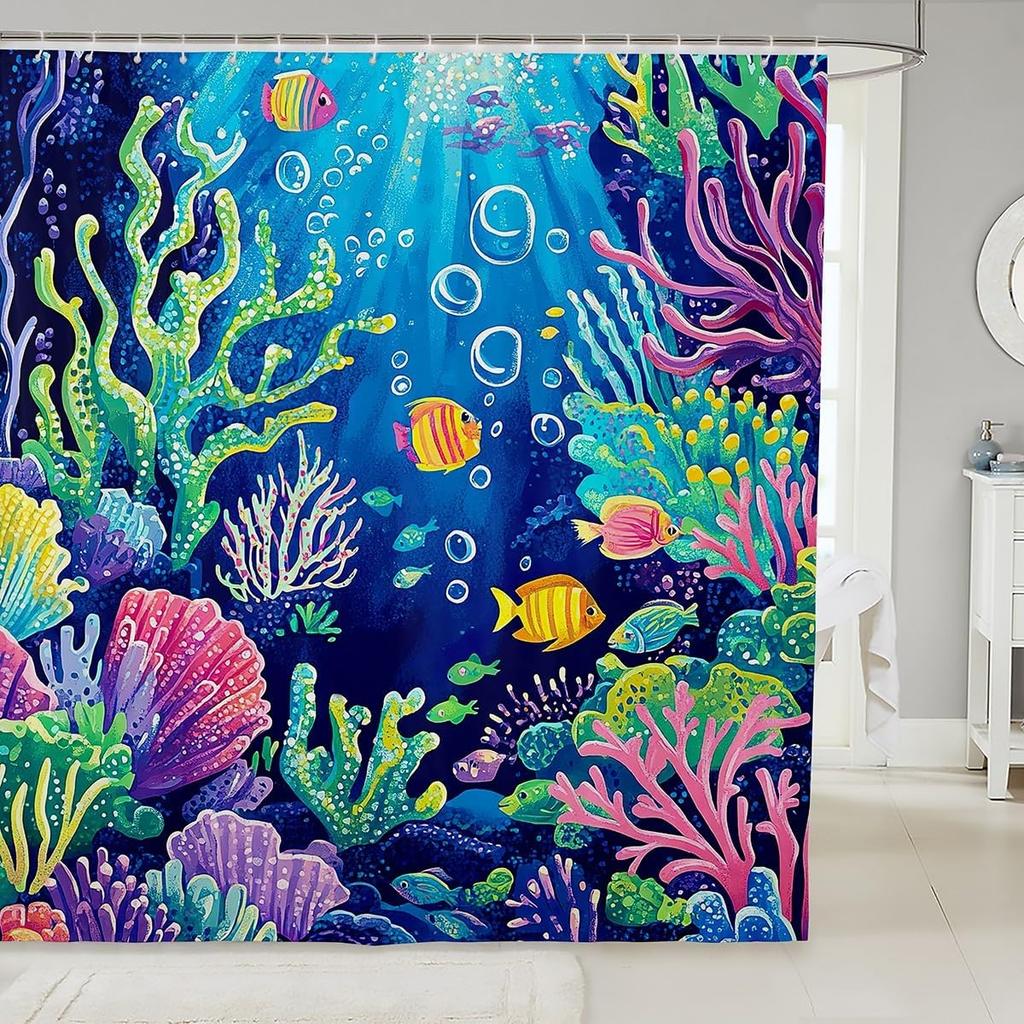 Funny Swimming Dog Fabric Shower Curtain Cute Pet Shower Curtain for Kids Ocean Theme Bathroom Waterproof Accessories with