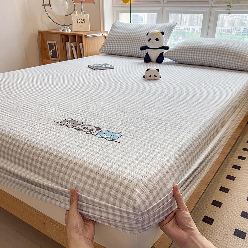 

Unprinted Style Double-layer Gauze Fitted Sheet Single Piece Embroidery Design Bedspread New Mattress Protector Cover All-inclusive Bed Sheet 90X200cm-single bed hat