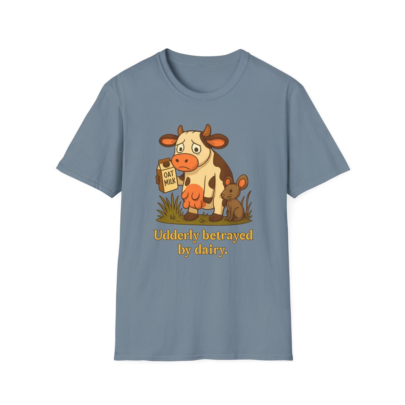 Unisex Softstyle Funny Sad Cow T-Shirt Mens Womens Tees Top Oat Milk Cartoon Dairy-Free Humor Tee L