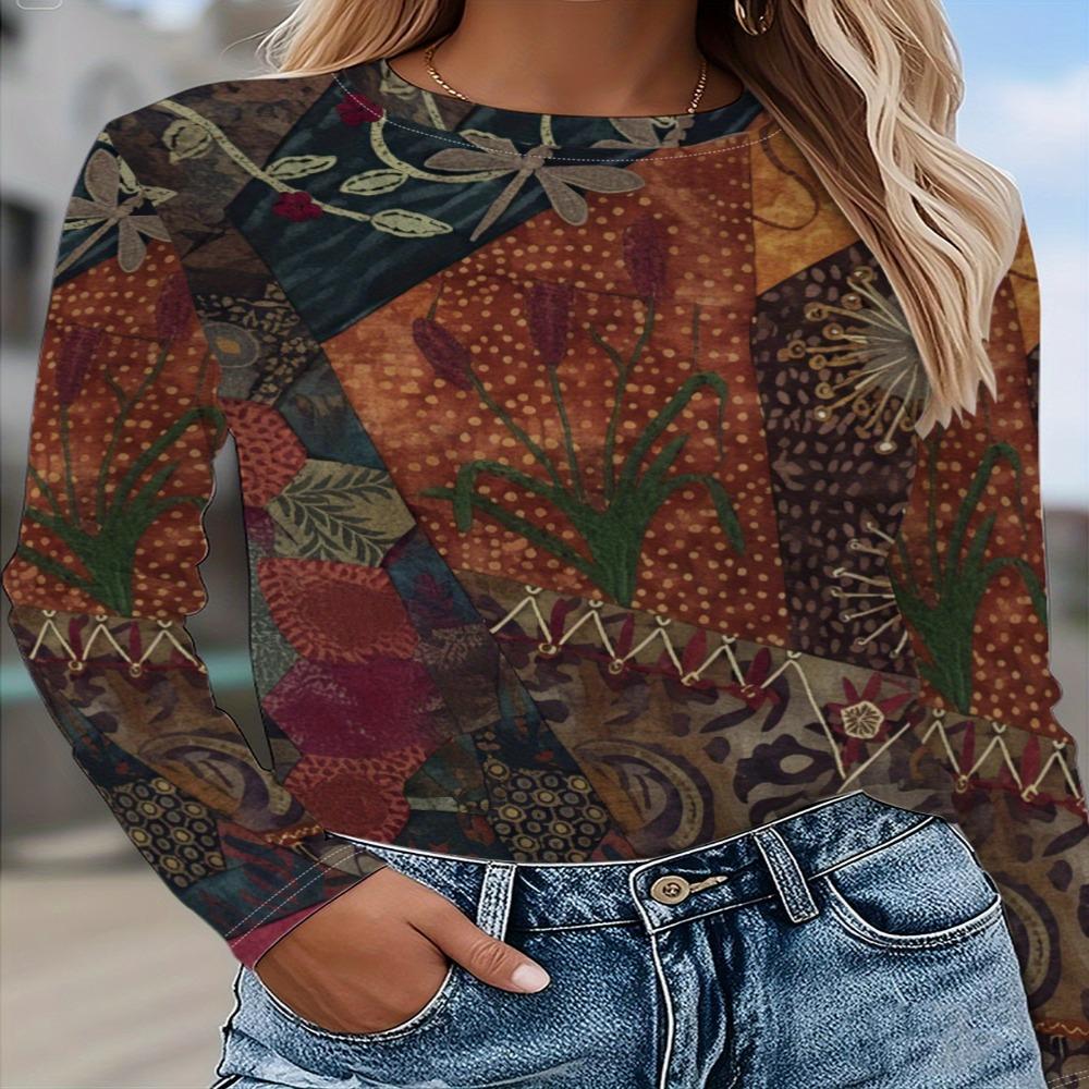 Ladies' Bohemian Floral Print T-Shirt Round Neck Long Sleeve Casual Top, Opaque And Machine Washable, Suitable for Spring