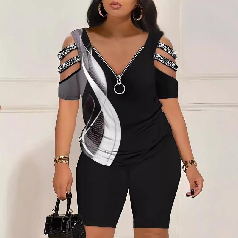 

Модний комплект: светр на блискавці з V-подібним вирізом, принтована коротка футболка та модні шорти XL чорний