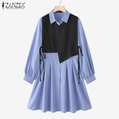 Women Casual Patchwork Turn Down Collar Loose Long Sleeve Dress