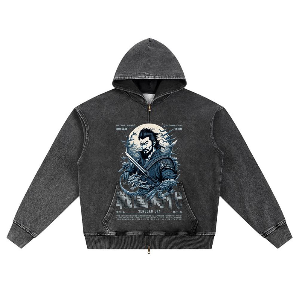 DTG print Knitted Denim Zip-Up Hoodie Japan Samurai Brother Print Zipper Hoodies  