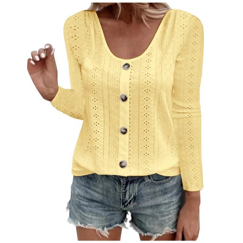 

European American New Style Women s Round Collar Casual Loose Single-breasted Top T-shirt S жёлтый