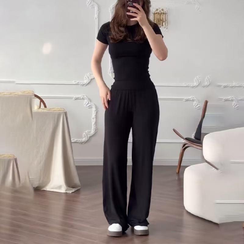 

2026 Women s Knitted T-Shirt & Long Pants Set: Casual Short-Sleeved Two-Piece Base Layer Small