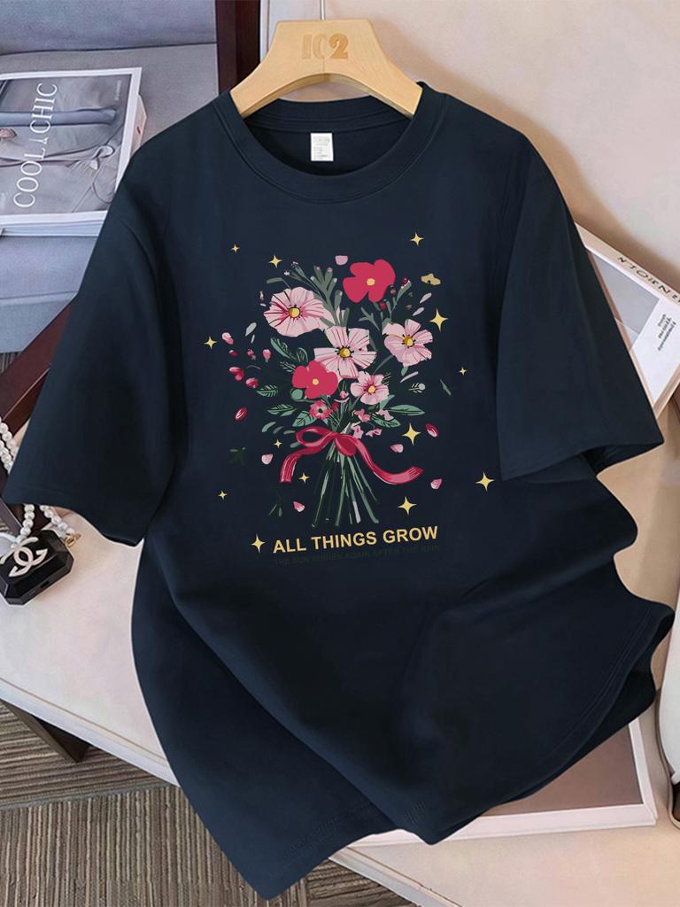 Summer T-Shirts Women Cotton All Things Grow Beautiful Flowers Print Tops Loose O-Neck Soft Comfortable T Shirt Casual Clothes