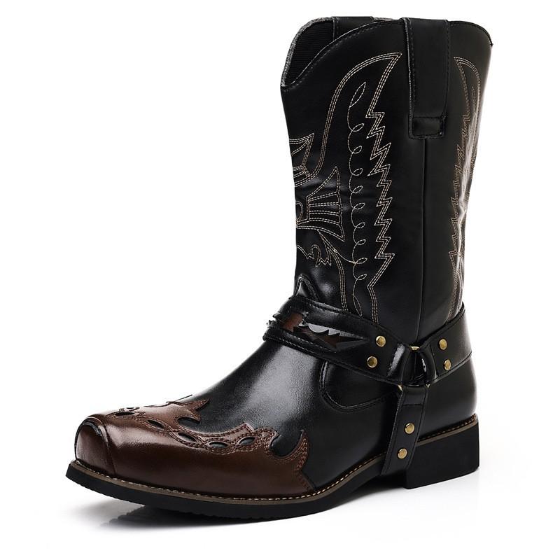 Bottes d'équitation western pour homme, bout carré, mi-mollet, en cuir, mode décontractée, semelle épaisse