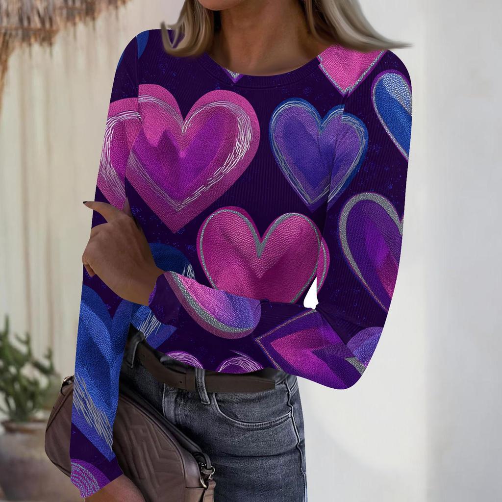 Haut côtelé décontracté et tendance pour femme, à col rond et manches longues, avec imprimé Saint-Valentin.