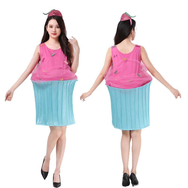 Halloween Food Ice Cream Adult Pink Cake Dress with Hat Set Funny Party Costume
