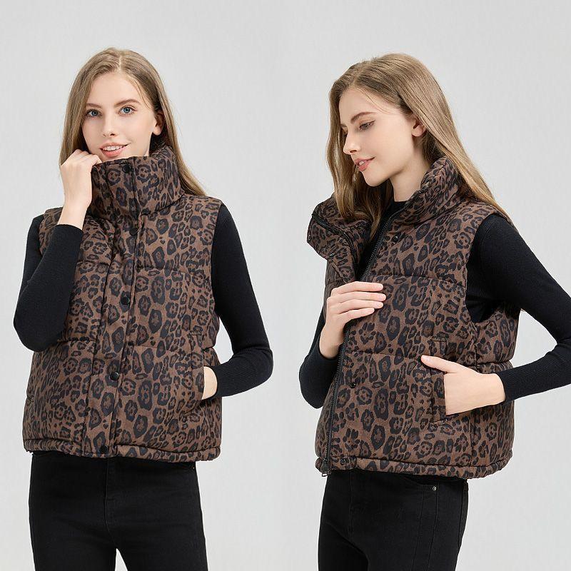 Women Short Stand Collar Leopard Print Loose Vest Jacket
