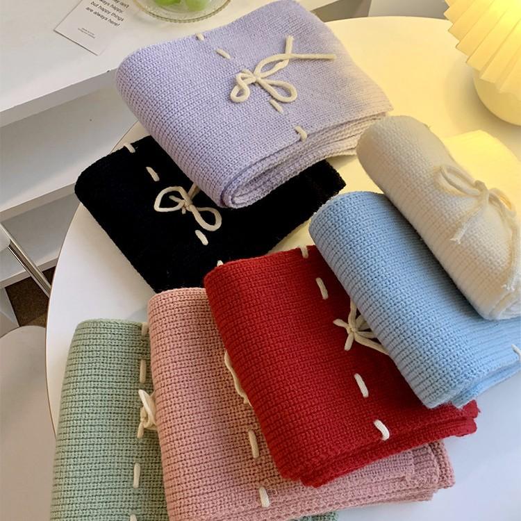 Korean Style Red Bow Woolen Scarf for Women in Autumn and Winter Thickened Warm Neck Protection Knitted Shawl Scarf Winter