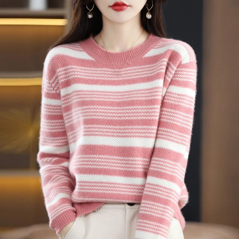 Women S Loose Crew Neck Striped Knit Sweater Casual Top