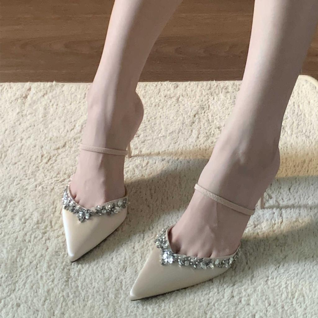2025 Summer New Pointed Rhinestone High Heel Fine Heel Champagne One Word with Sandals Half Drag Cool Slippers Outer Wear Women