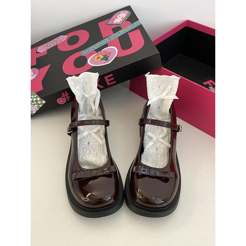 Bow Mary Jane Shoes Women's Fashion Versatile Small Leather Shoes with Skirt Single Shoes Brown