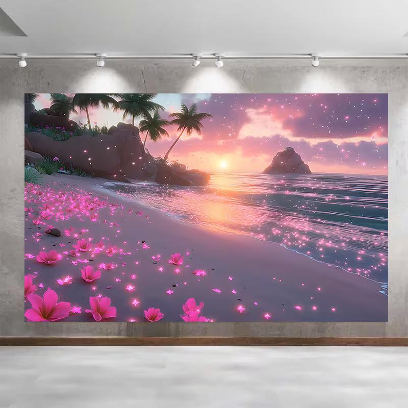 Dreamy Pastel Beach Tapestry, Enchanted Sunset Shore with Pink Petals and Sparkling Waves, Whimsical Coastal Wall Art