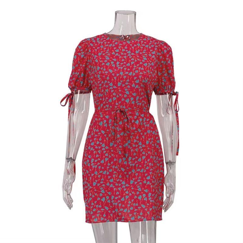 

Модный стиль Летняя цветочная юбка Круглый вырез Короткий рукав Платье на шнуровке Принтованное Круглый вырез Платье Pink S