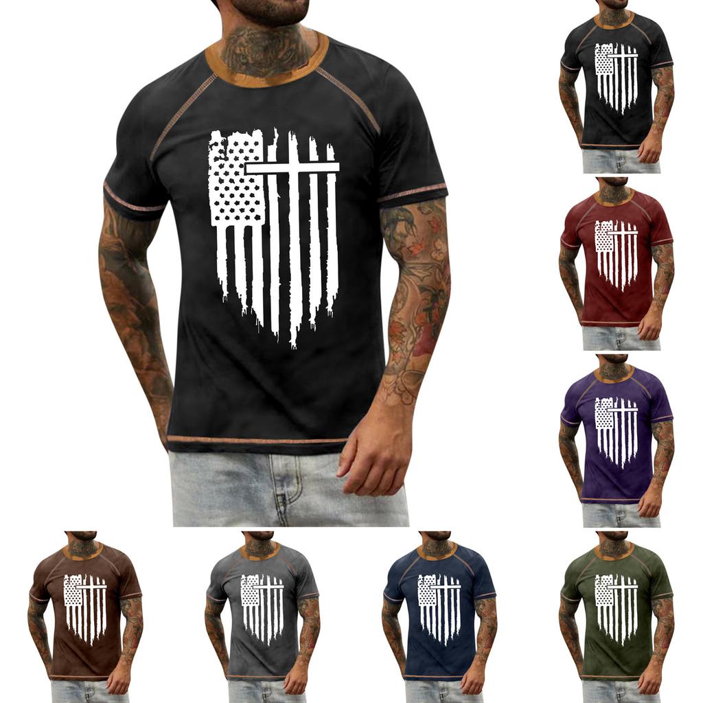 Men'S Raglan T-Shirt Vintage Short Sleeve Round Neck Independence Day Printed Top