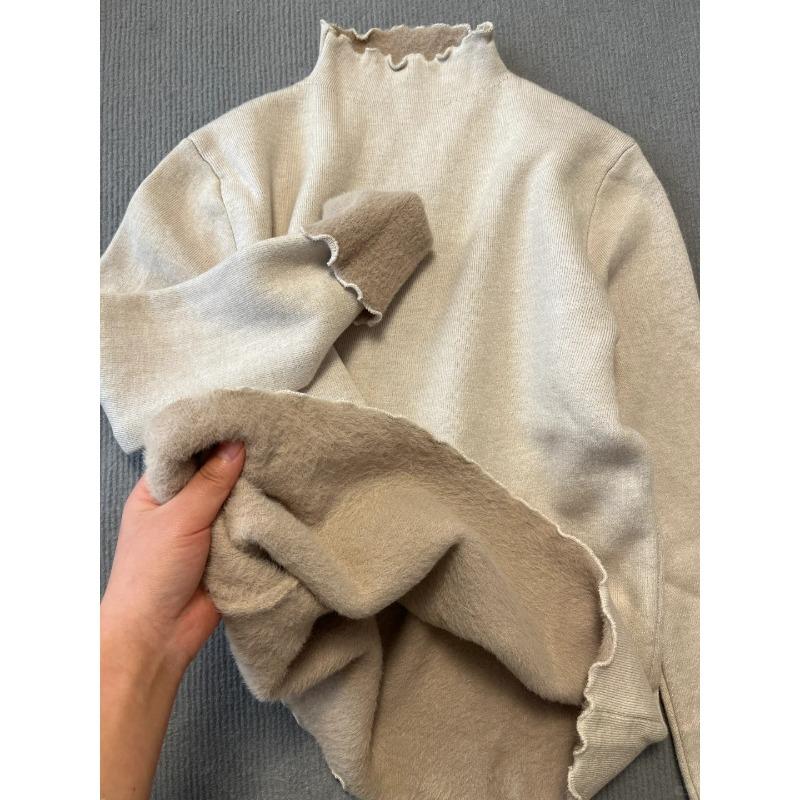 Fungus Edge Fleece Thickened Semi-turtleneck Sweater Women's Spring Soft Waxy Bottoming Shirt Top with Knitted Sweater Inside
