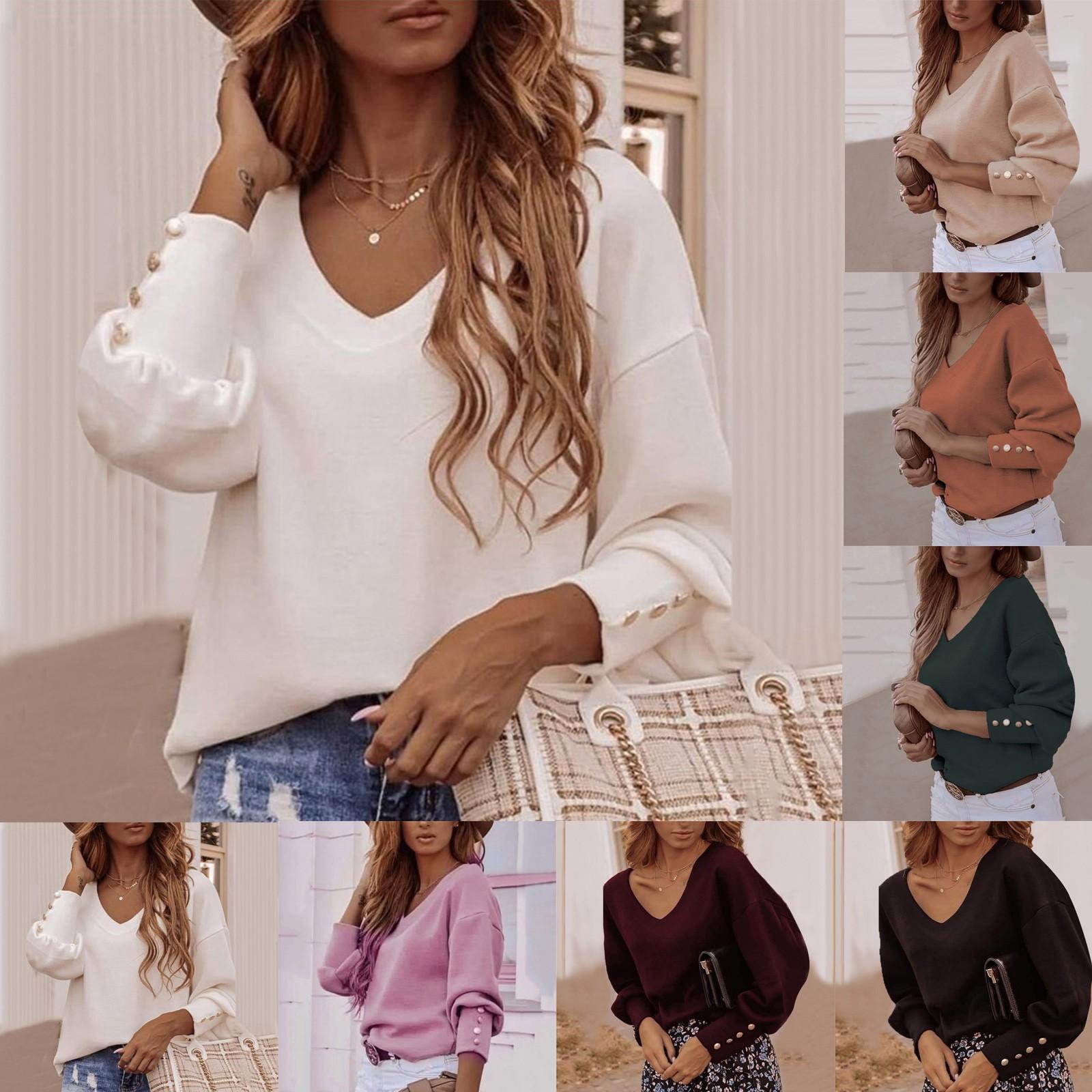 

Women Solid Long-Sleeved V-Neck T-Shirt Top