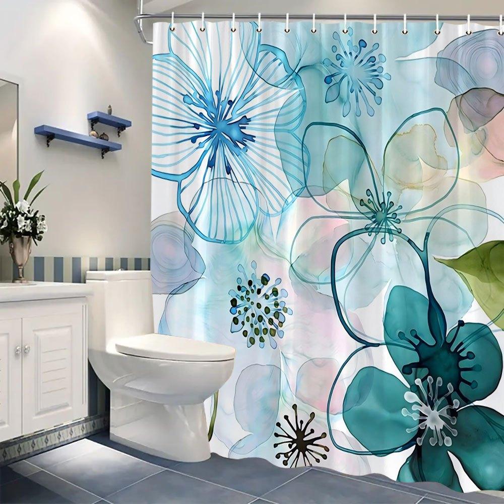 1pc Abstract Floral Shower Curtain - Blue, Teal, Green Flowers, Modern Design, Polyester, 70x70In, 12 Hooks, Washable