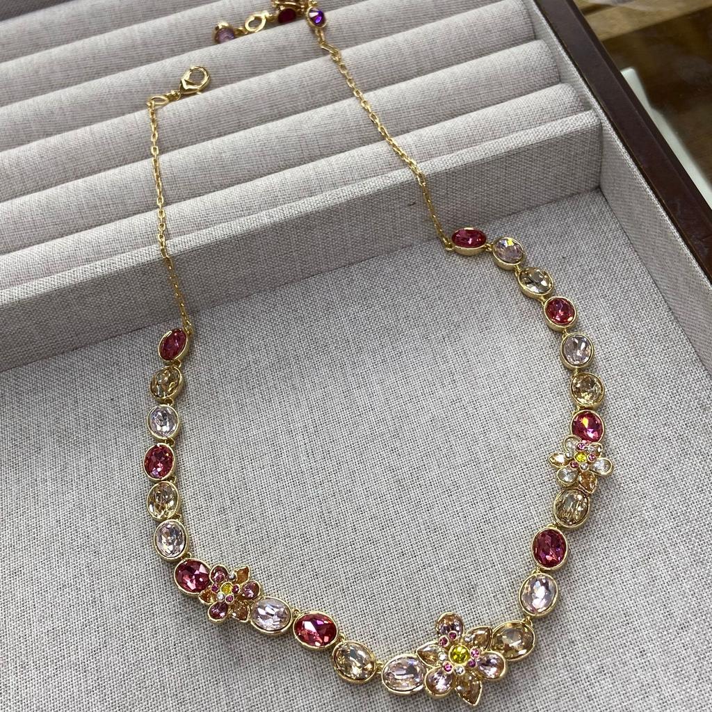 Niche High-End Zircon-Encrusted Flower Collarbone Chain Versatile Fashion Copper-Plated Real Gold Jewelry Necklace Earrings Set