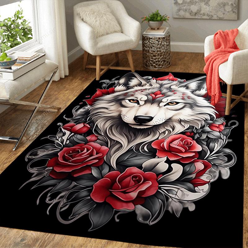 1pc White Wolf and Red Rose Print Design Area Rug - Soft, Anti-Slip, and Durable Gaming Room Decor for Bedroom
