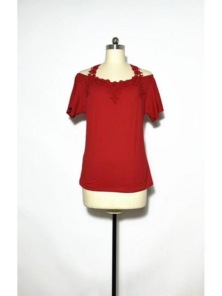 American Style European Women's Casual Loose V Neck Short Sleeve T Shirt with Lace Splice