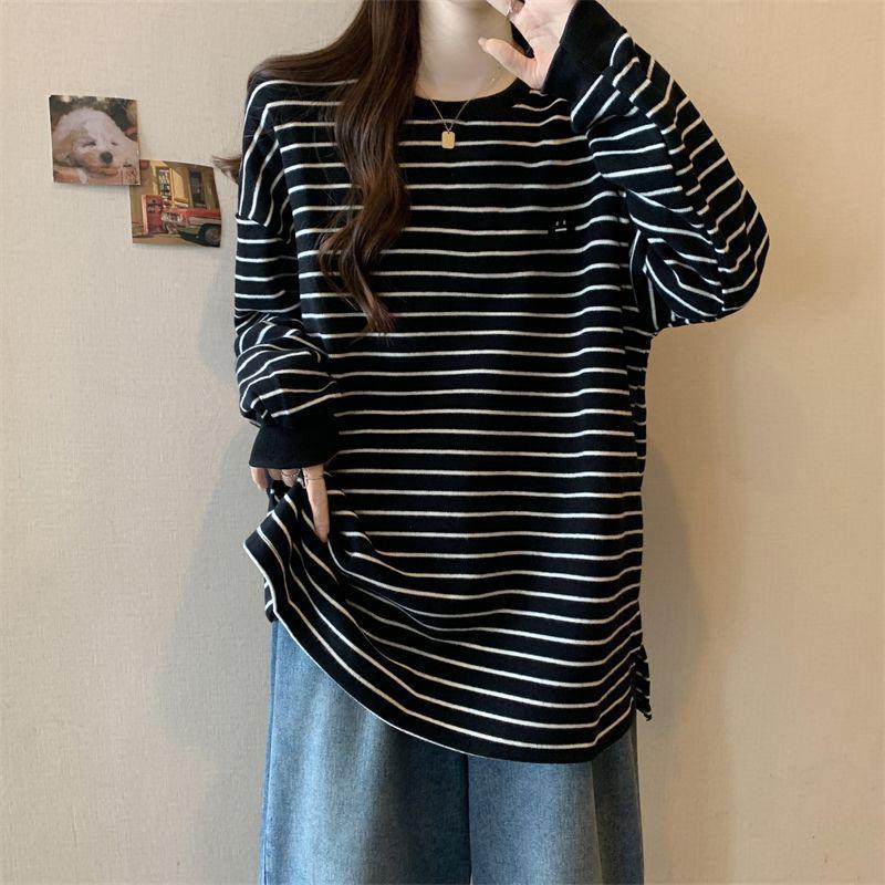 Women's Plus Size Striped Long Sleeve T-Shirt - 2025 Autumn/Winter Stylish Slimming Base Layer Top