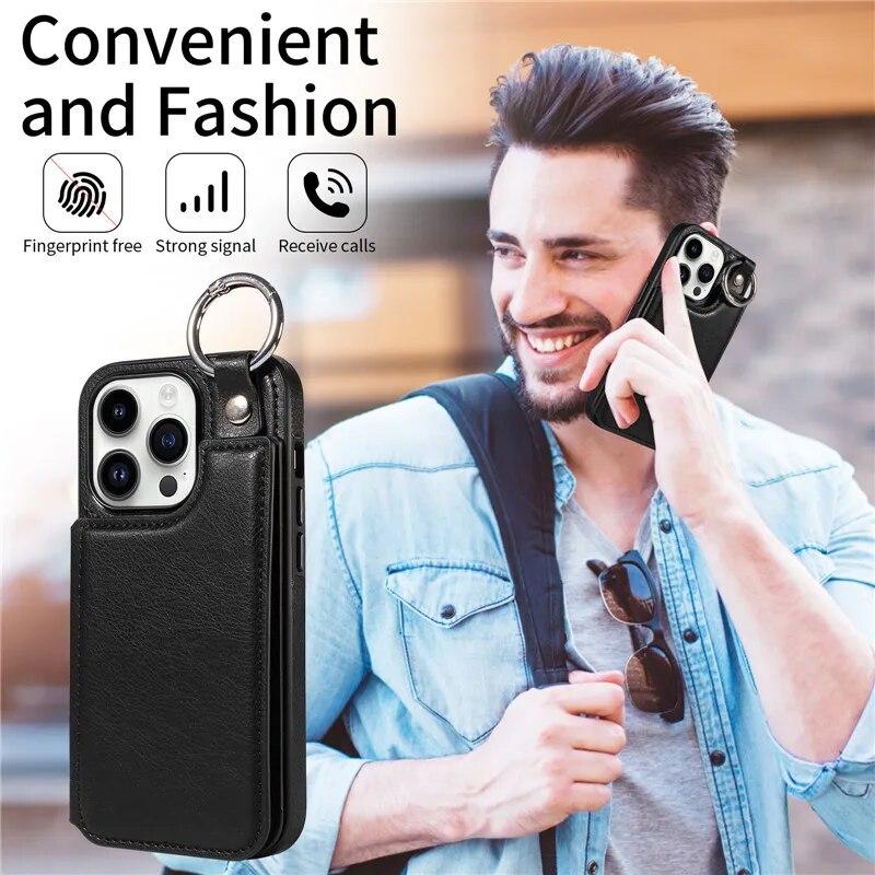 Ring Leder Portemonnaie Karte Handytasche für iPhone 15 Pro Max 14 Plus 13 Pro 12 11 für Samsung Galaxy S24 Ultra S23 S22 S21 FE A15 A54 A34 A14 Flip Cover