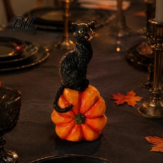 Seasonal Festive Atmosphere Props Halloween Black Cat Pumpkin Ornament, Vintage Wood Carving Style Retro Decor Resin Figurine, Spooky Tabletop