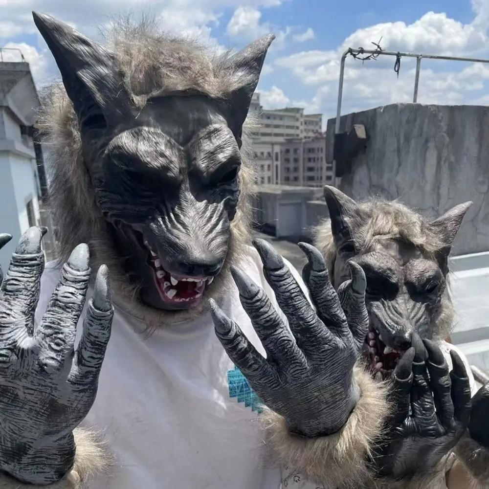 Home Decoration Latex Latex Wolf Head Mask Scary Realistic Halloween Wolf Costume Plush Horror Party Ghost House Decoration Prop