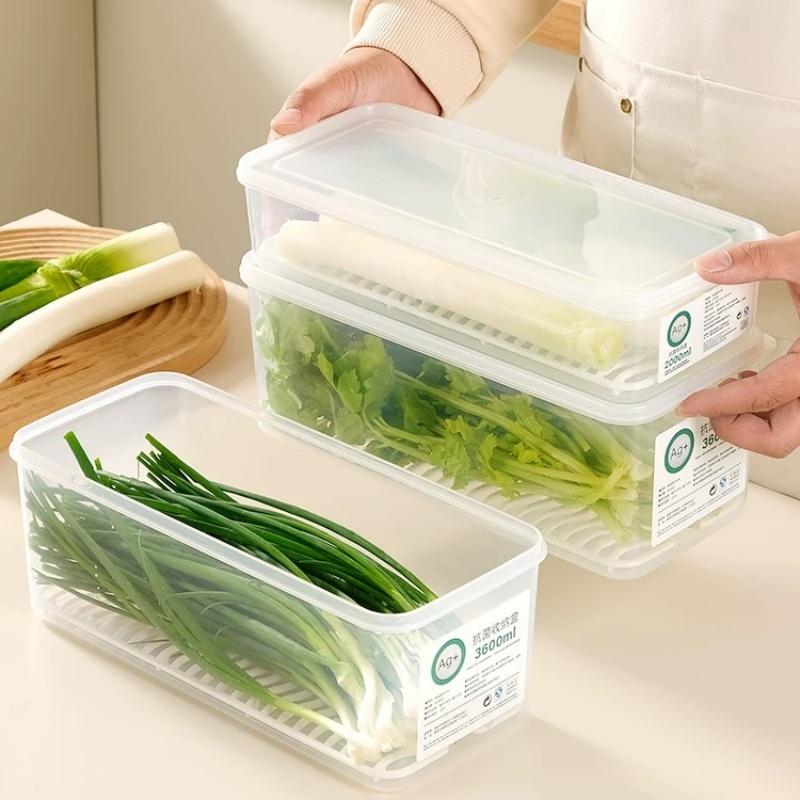 Refrigerator Organizer Fridge Storage Box Fresh Vegetable Scallions Boxes Drain Basket Food Storage Containers Kitchen Organizer