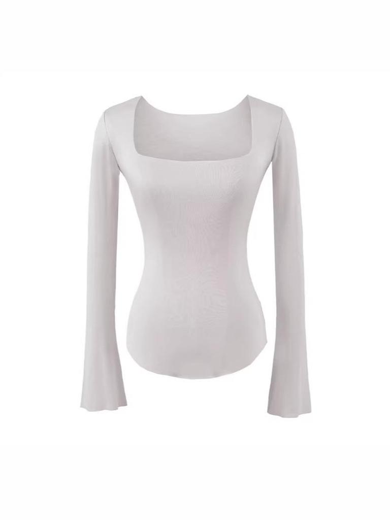 Koreanischer Stil Schlank geschnittenes Quadratischer Ausschnitt Glockenärmel Damen T-Shirt, Elegant Nische, Tailliert, Sexy Schlankmachendes Basisschicht Top