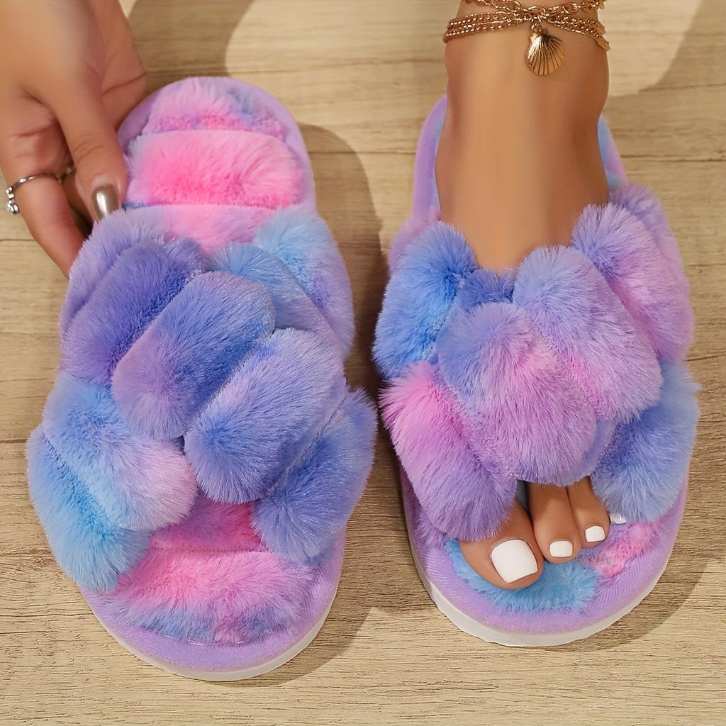 Women's Plush Fuzzy Cross Strap Slippers-Non-slip Soles Cosy Indoor House Shoes, Plush Lined Floor Slippers